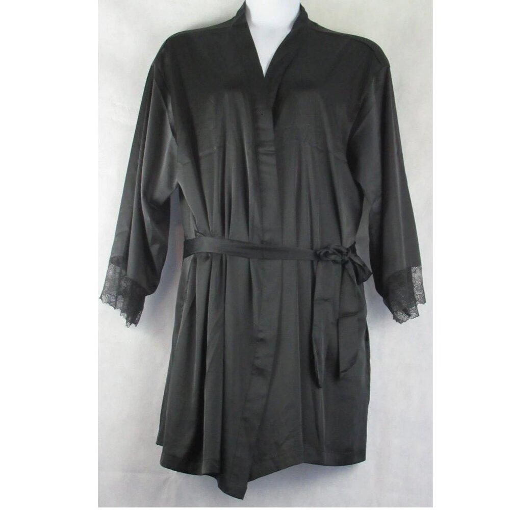 INC International Concepts Women's Lace-Trim Satin Short Robe, Black, XL